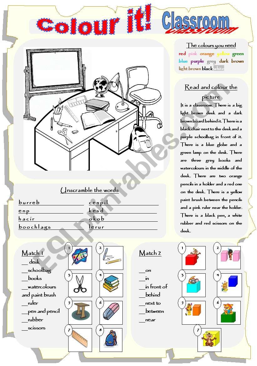 Colour it! Classroom & prepositions of place