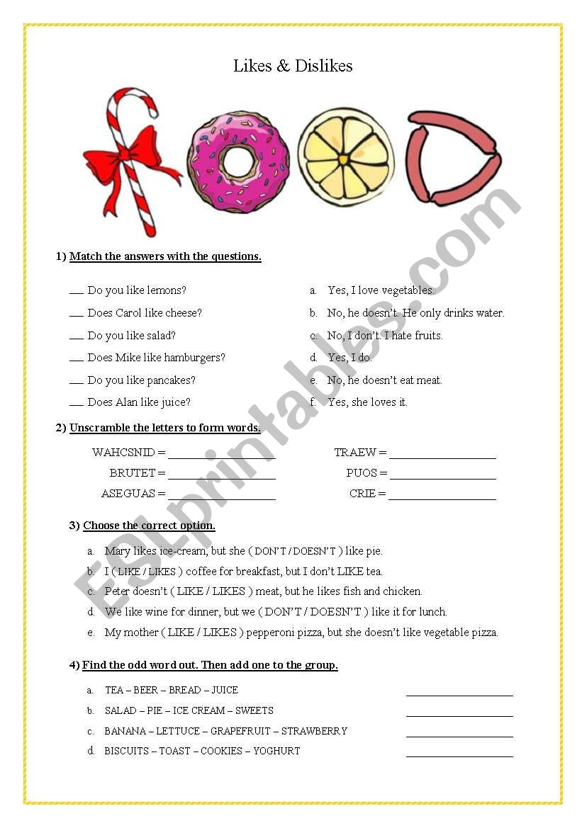 Likes and Dislikes - Food worksheet