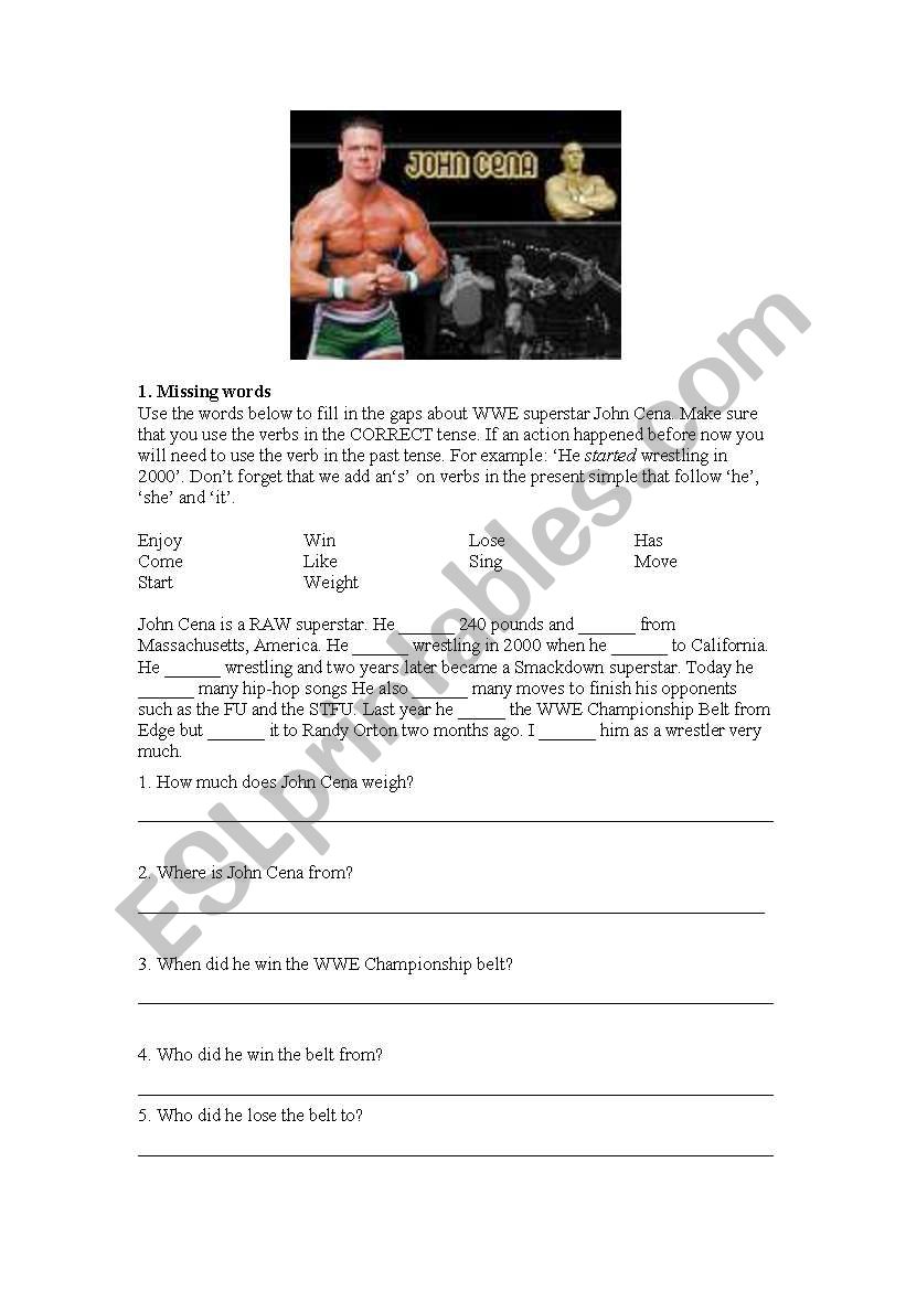 John Cena Cloze worksheet