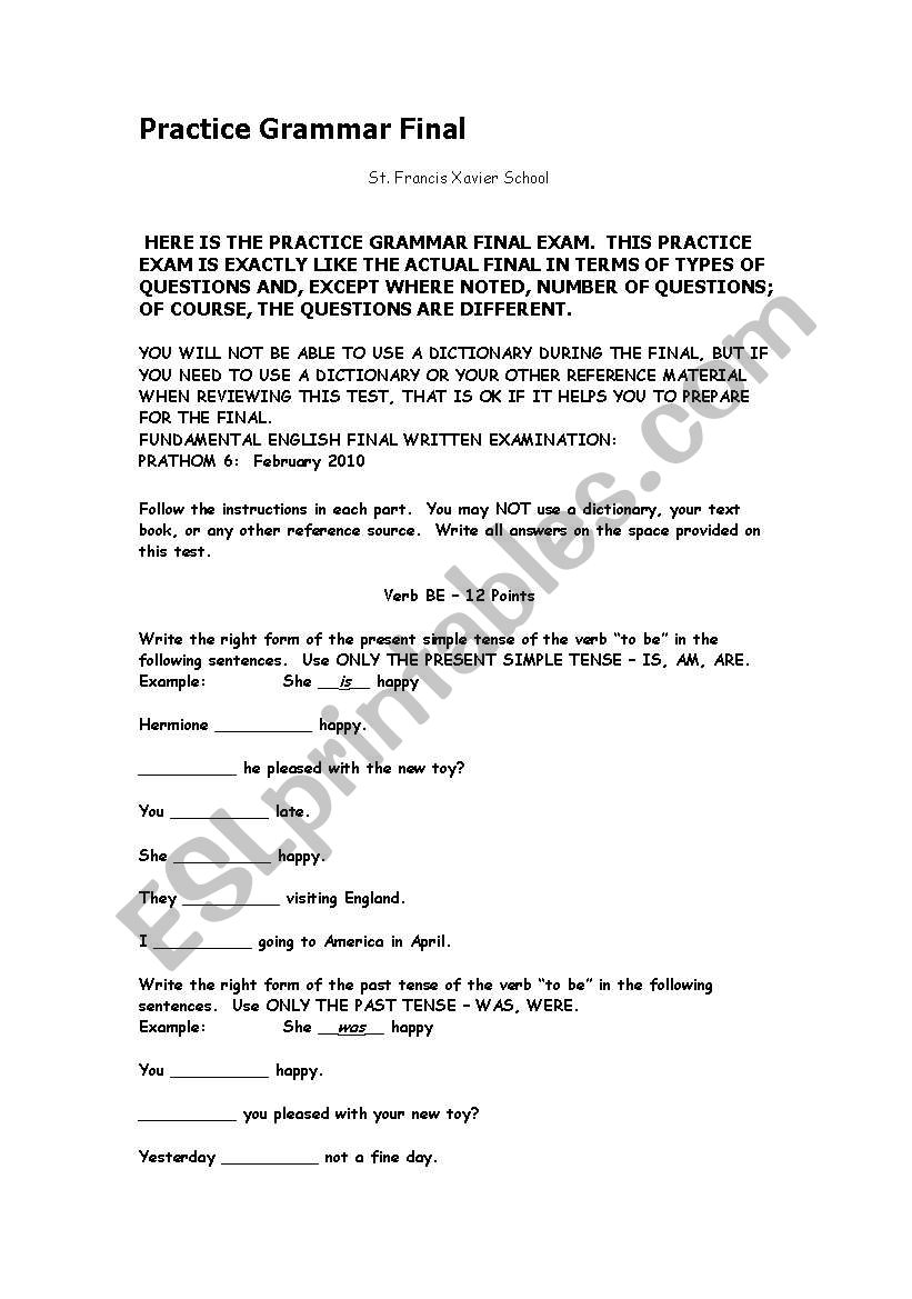 Final Exam for Grade 6 worksheet