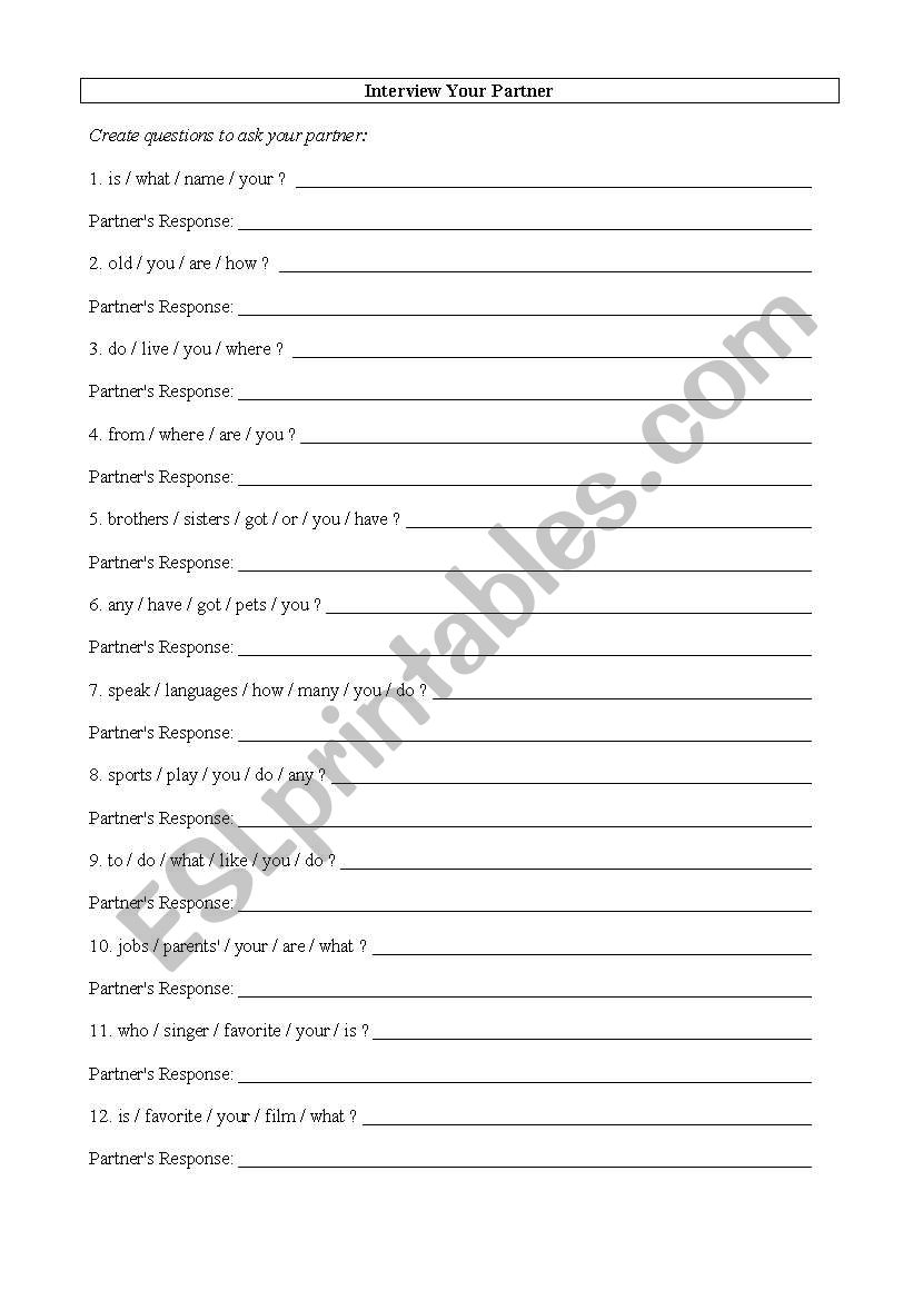 Interview your partner worksheet