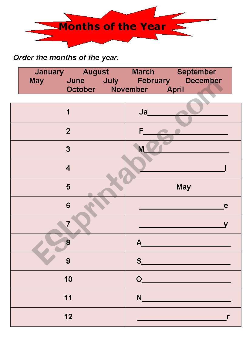 Months of the Year worksheet