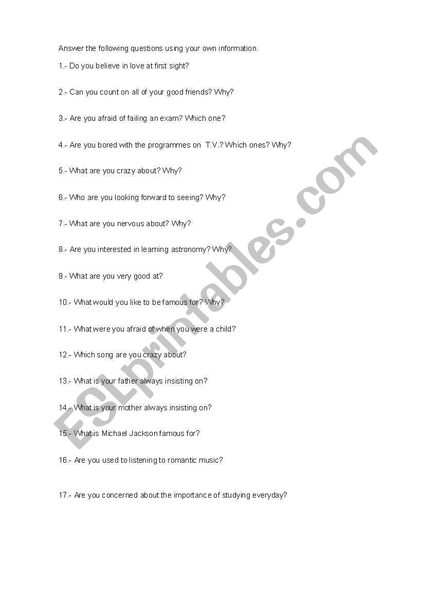Verb followed by prepositions worksheet