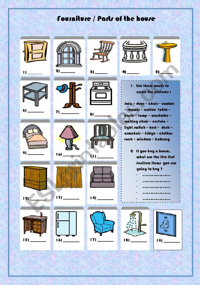 furniture/ parts of the house worksheet