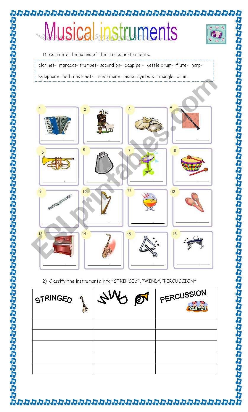 Musical instruments worksheet