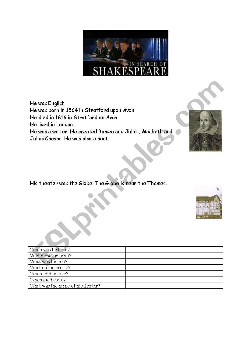 lets discover Shakespeare worksheet