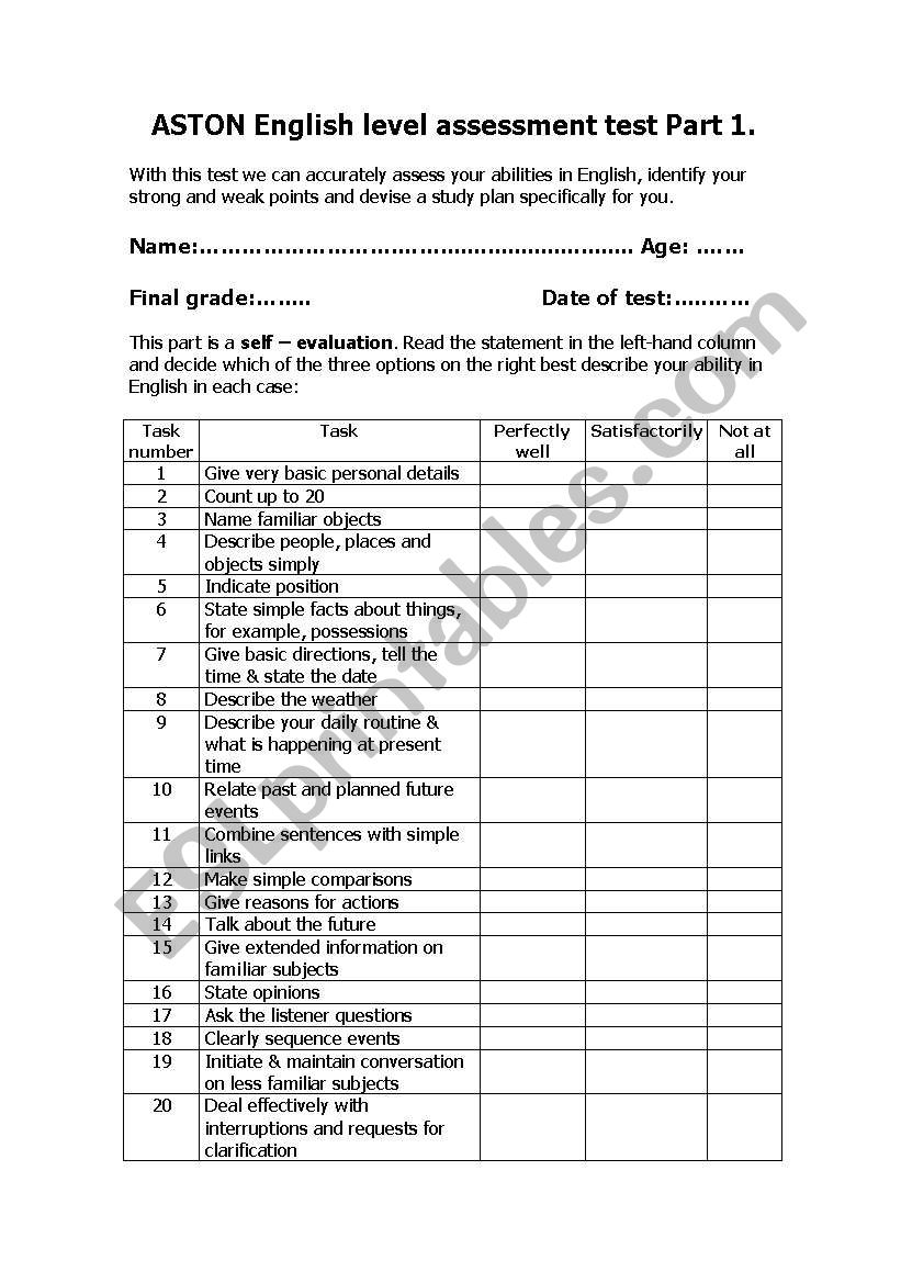 oral assessment test for one on one classes