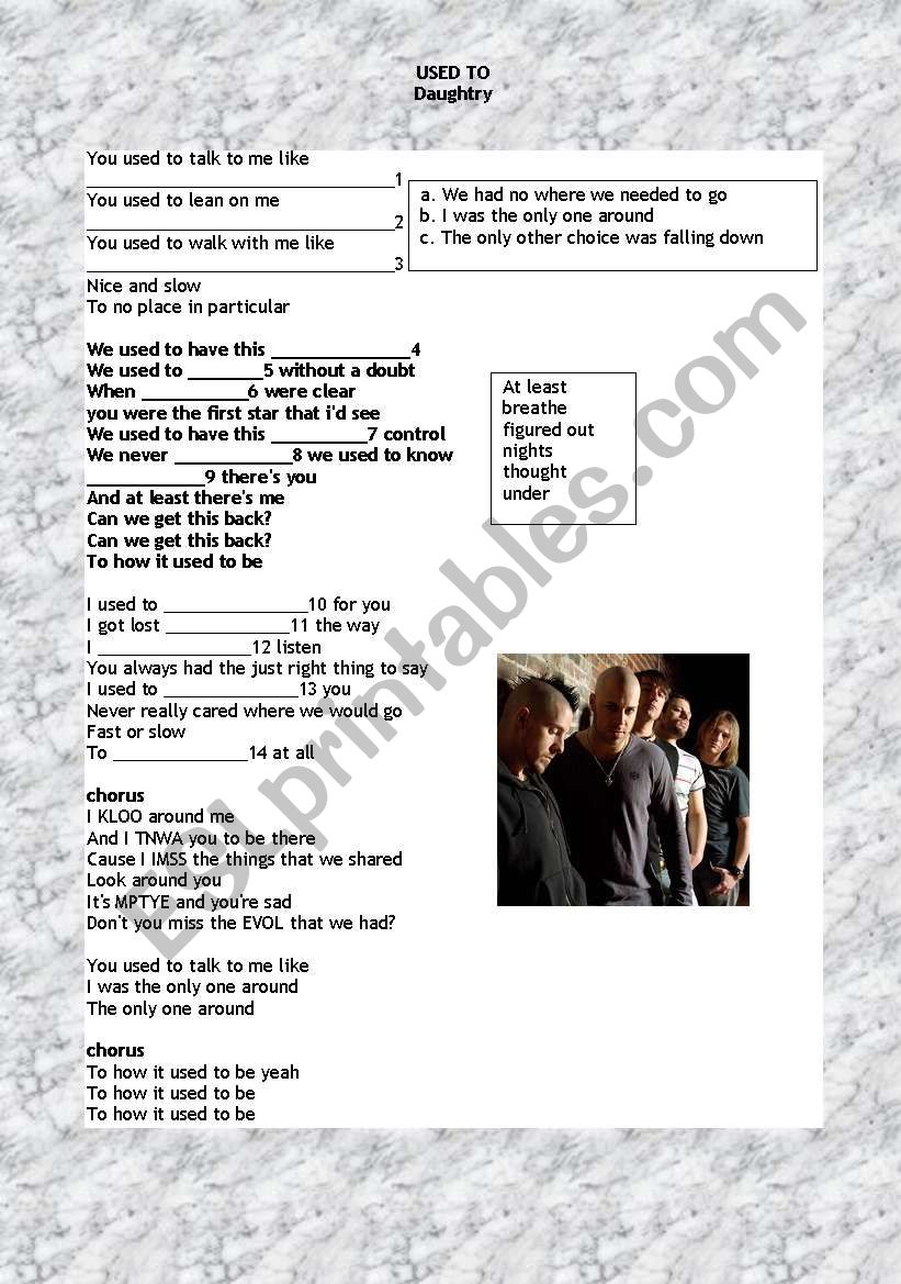 Used to by Daughtry worksheet