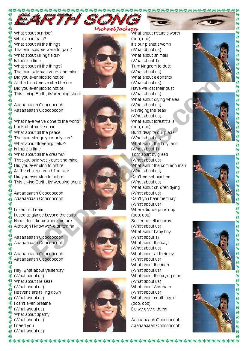 Song: Earth Song (Michael Jackson) - comprehension + vocabulary on environment ((2 pages)) ***fully editable