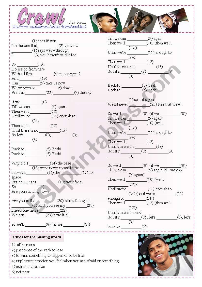 Song: Crawl (Chris Brown) - gap-filling + definitions, writing + 2 (lyrics + keys) ((4 pages)) ***fully editable