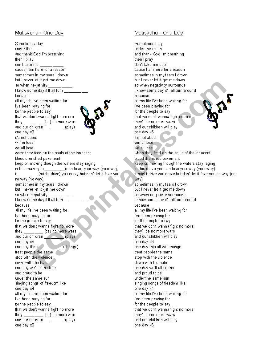 Matisyahu One Day worksheet