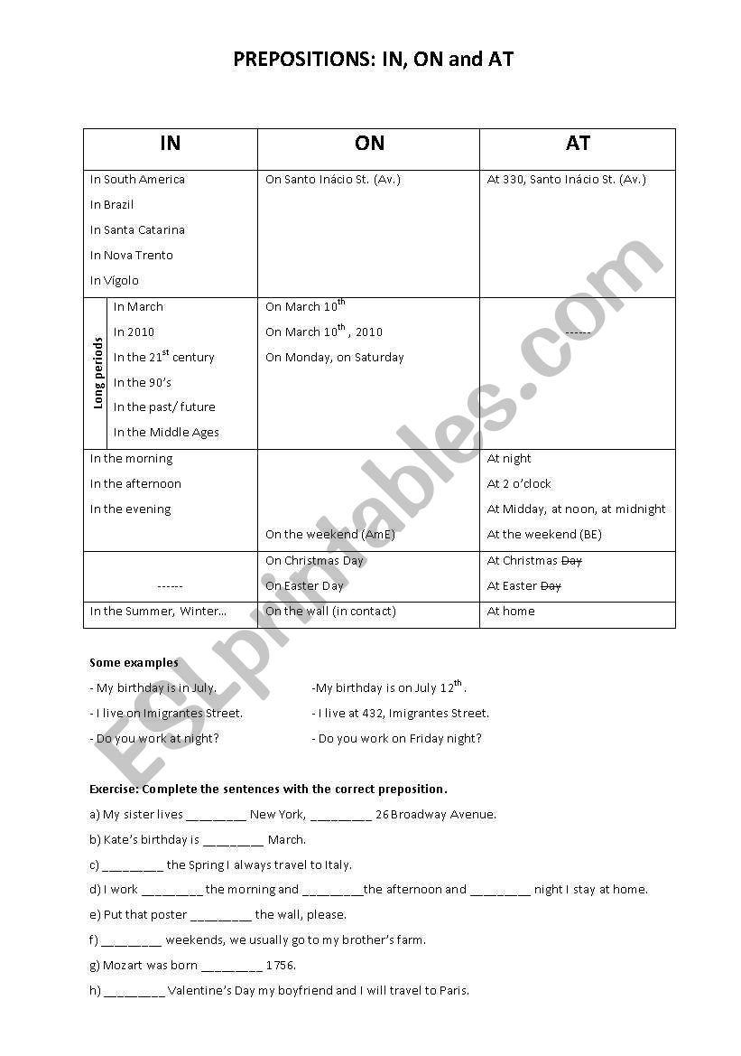 Prepositions IN ON AT worksheet