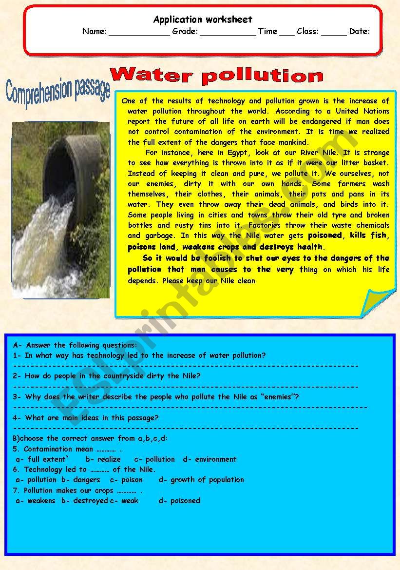 Water pollution worksheet