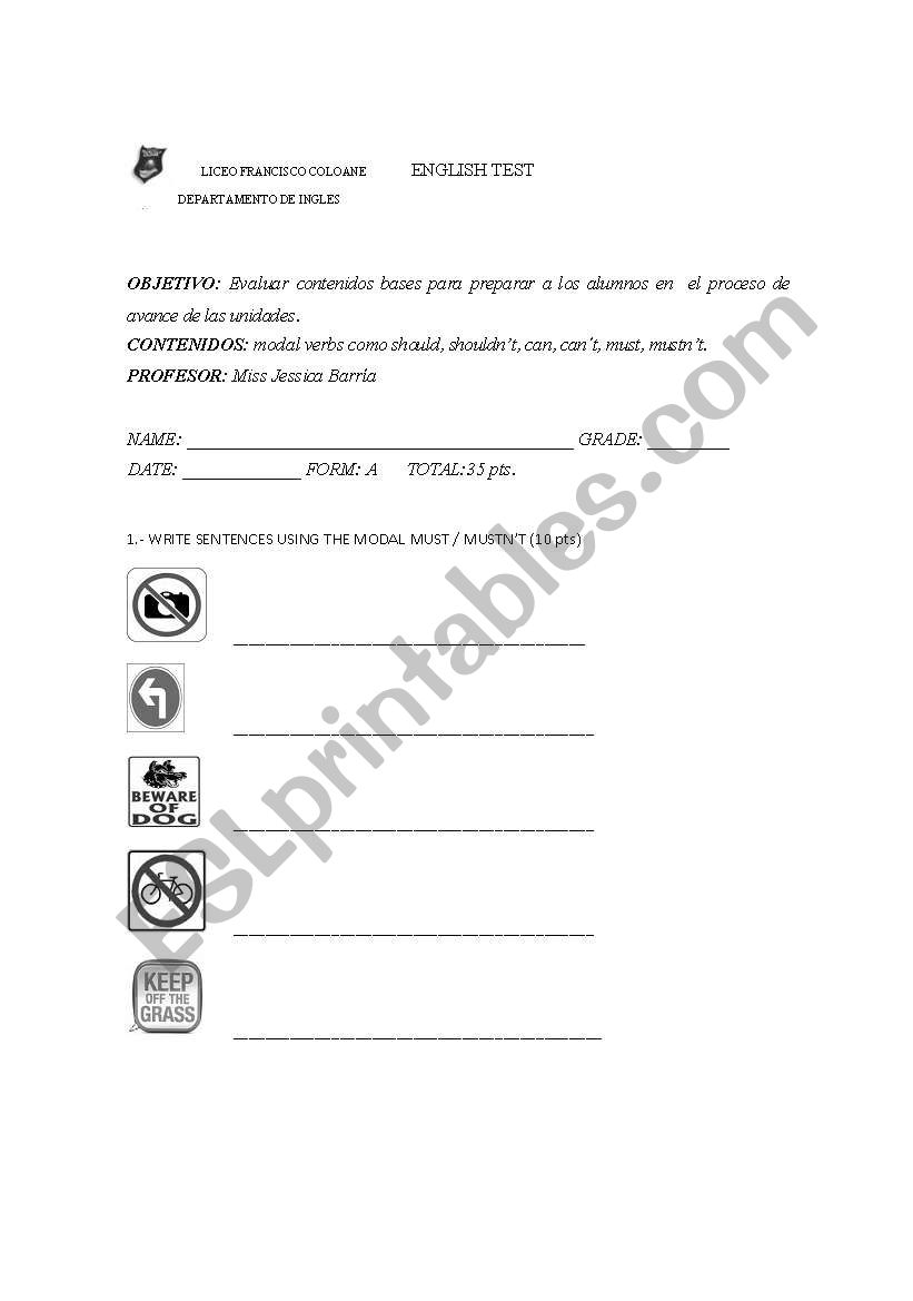 modal test worksheet