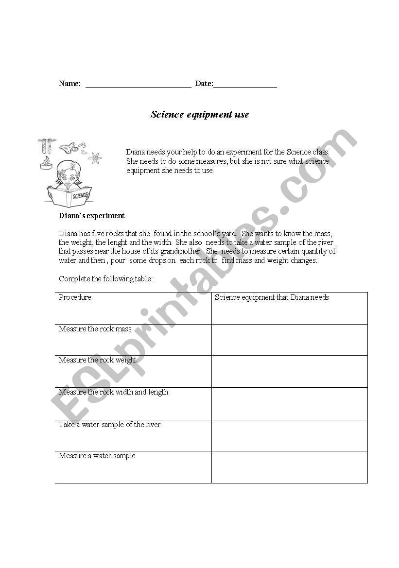 Science Lab Equipment Use worksheet