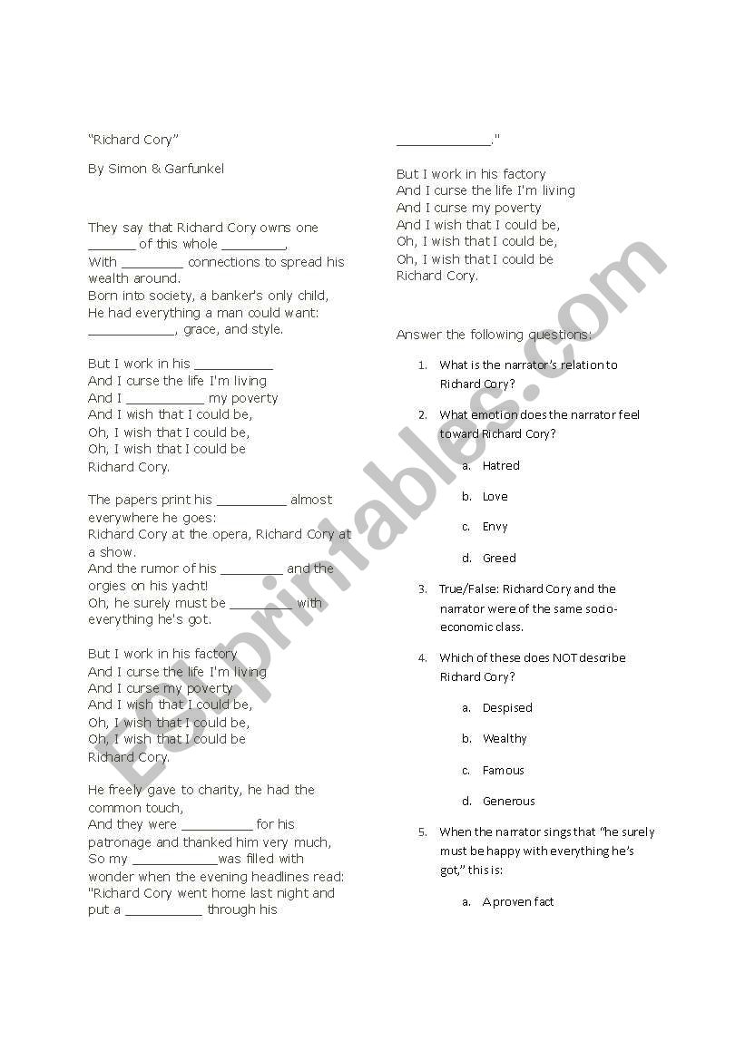 Lyrics - Richard Cory worksheet