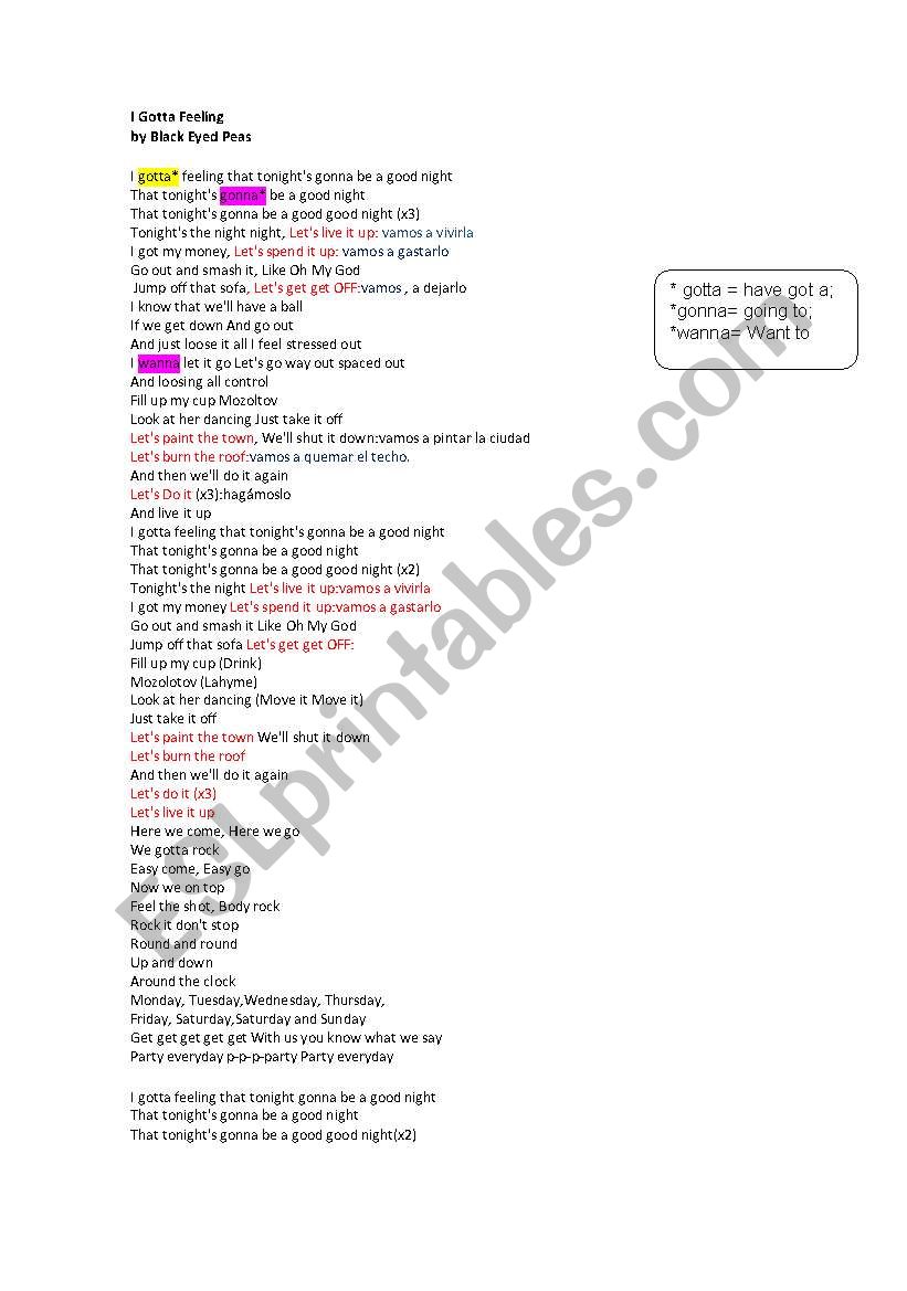 Song activity-Igottafeeling worksheet