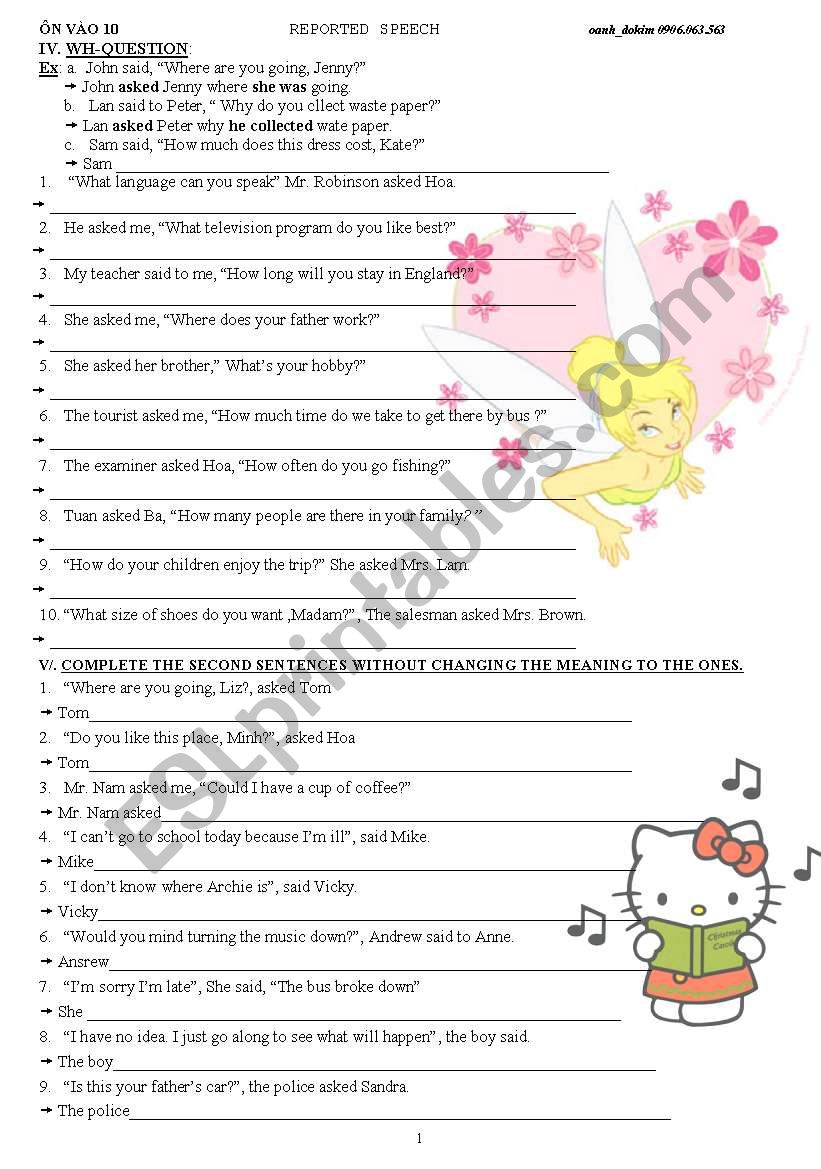 reported speech worksheet