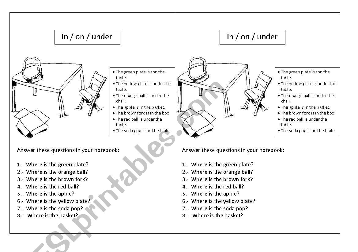 prepositions on in under worksheet