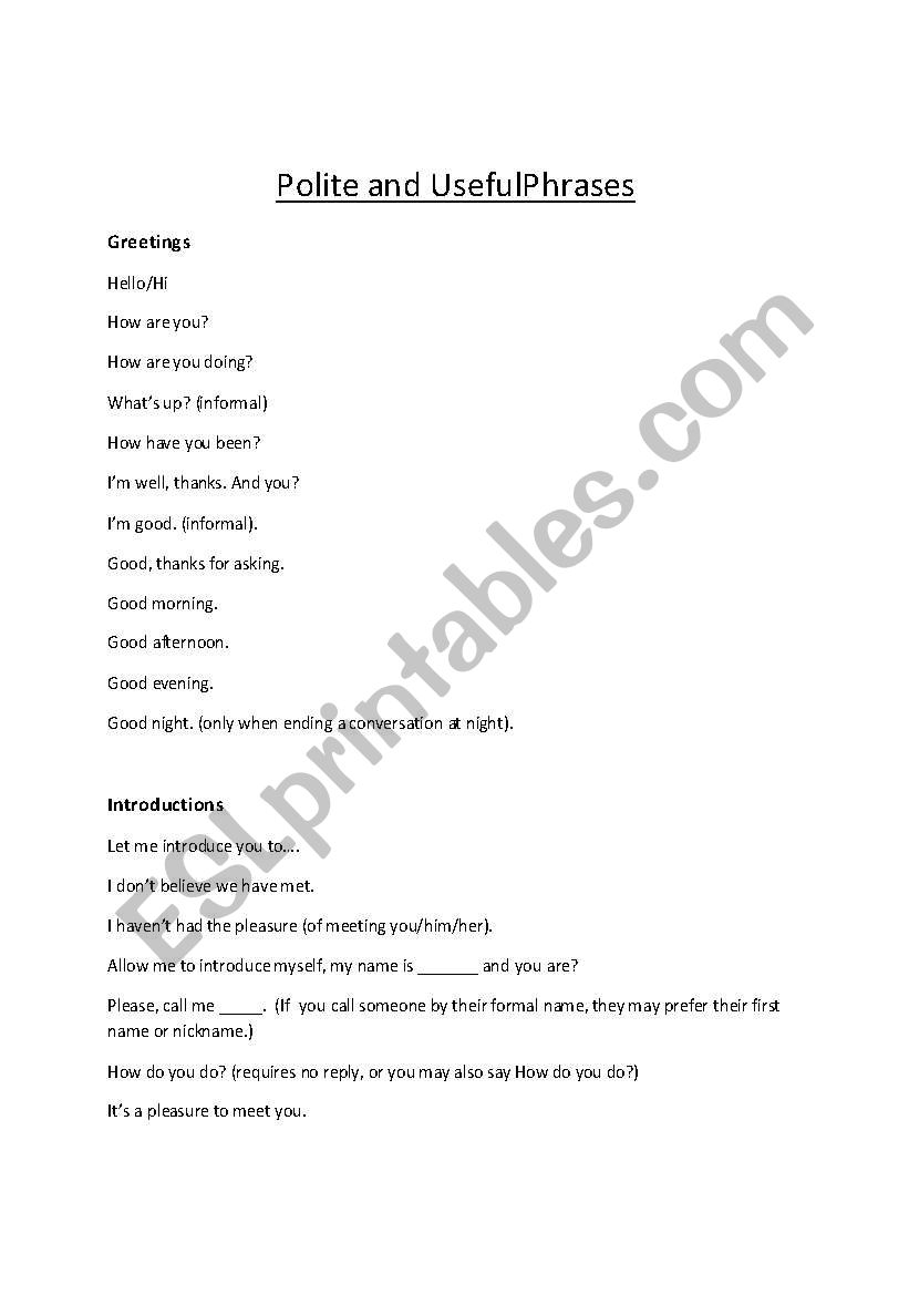 Polite and Useful Phrases worksheet
