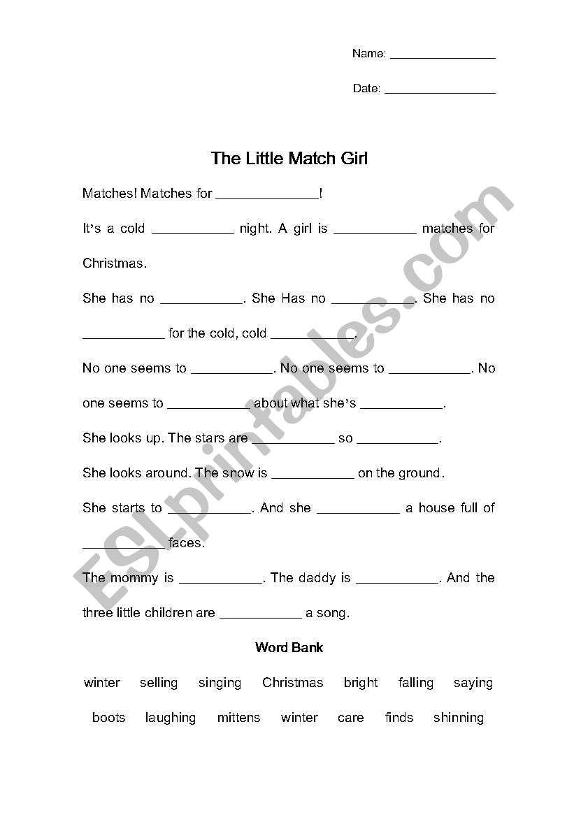 Little Match Girl worksheet worksheet