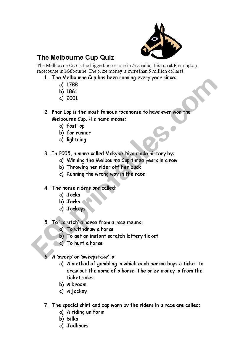 Melbourne Cup Esl Worksheet By Mariet