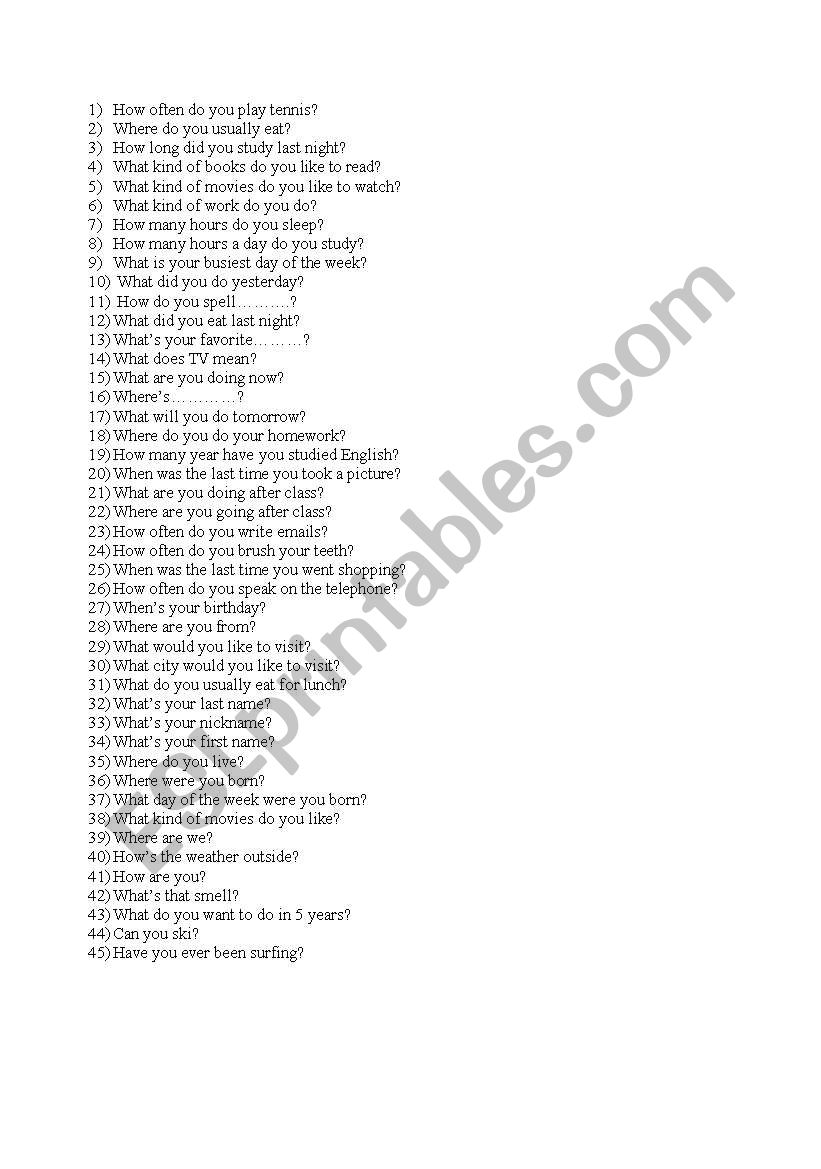 45 questions worksheet