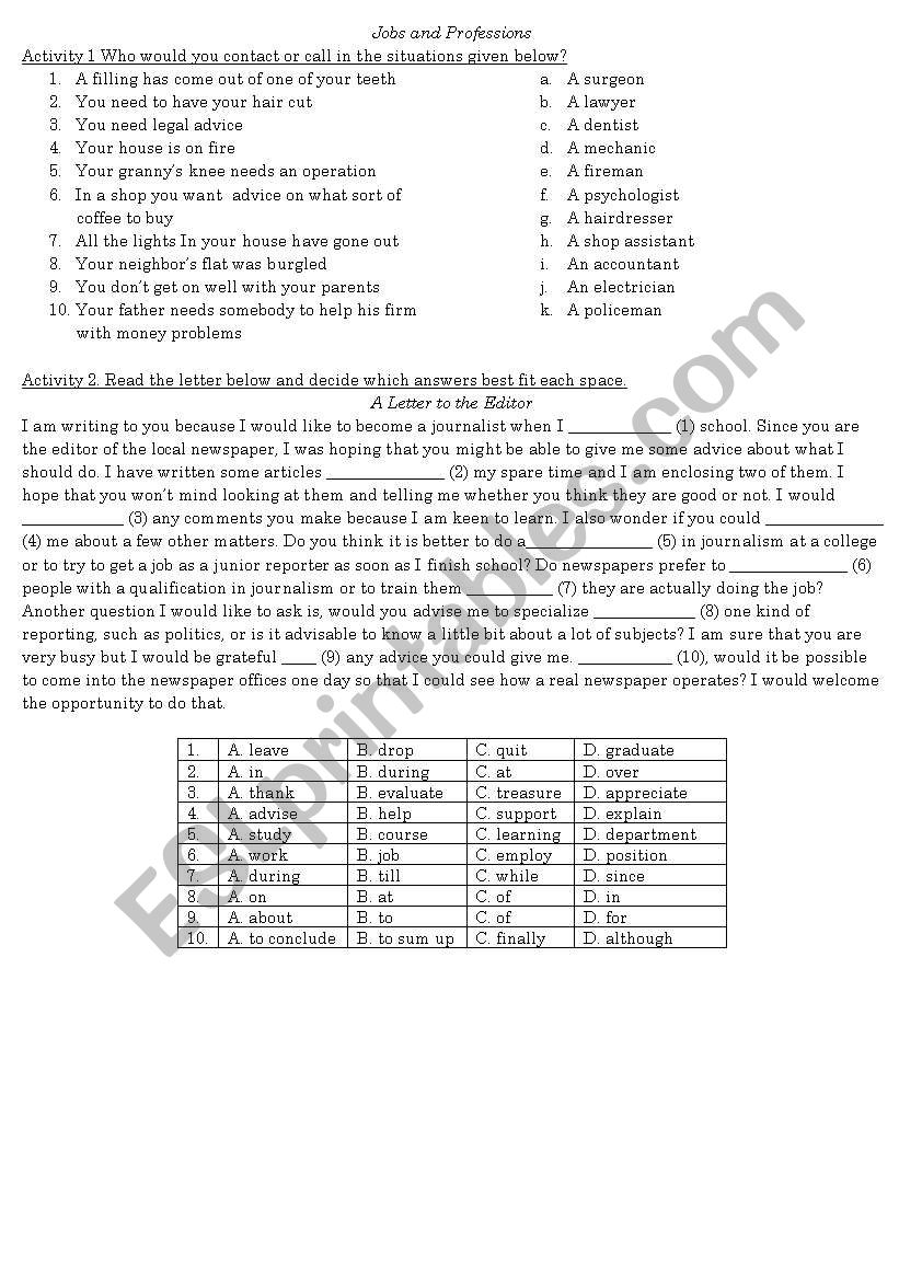 Jobs and professions worksheet