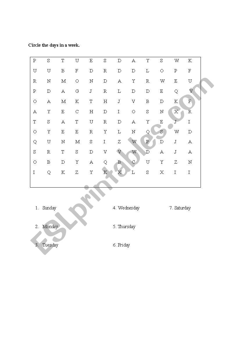 days in a week worksheet