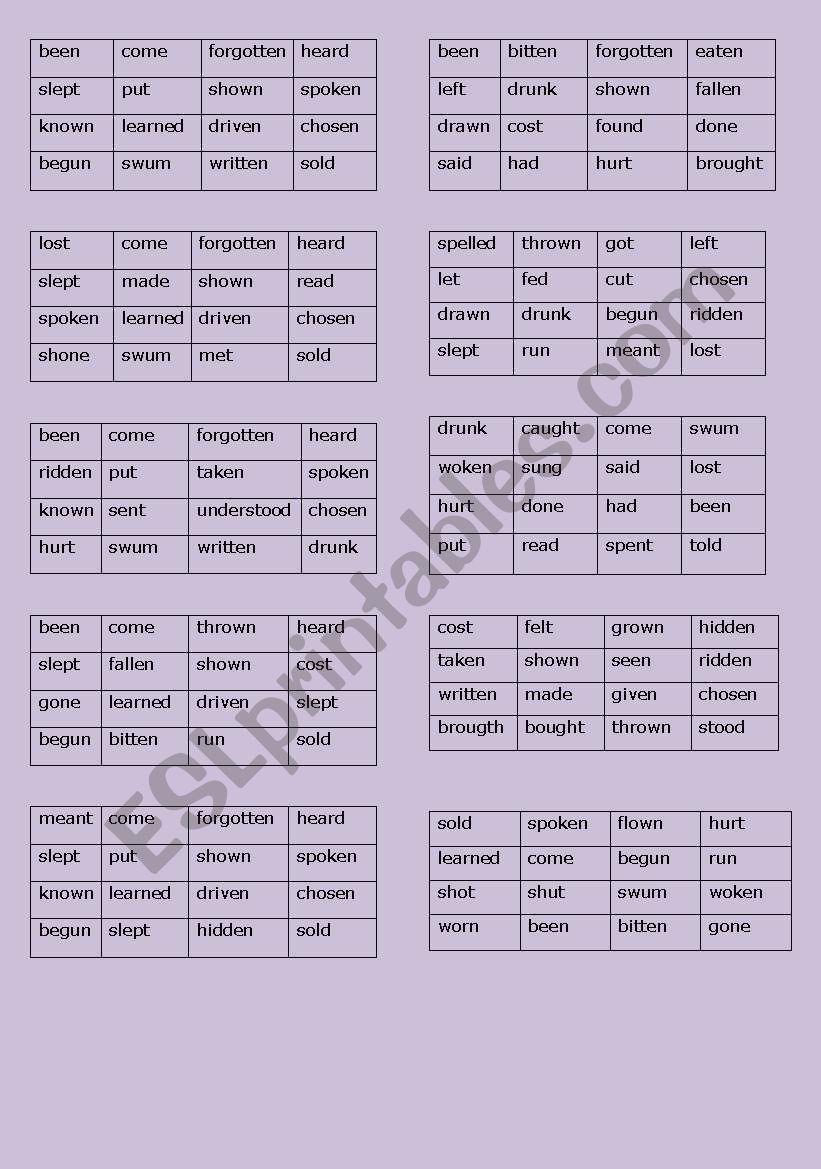 Irregular Verb Bingo worksheet
