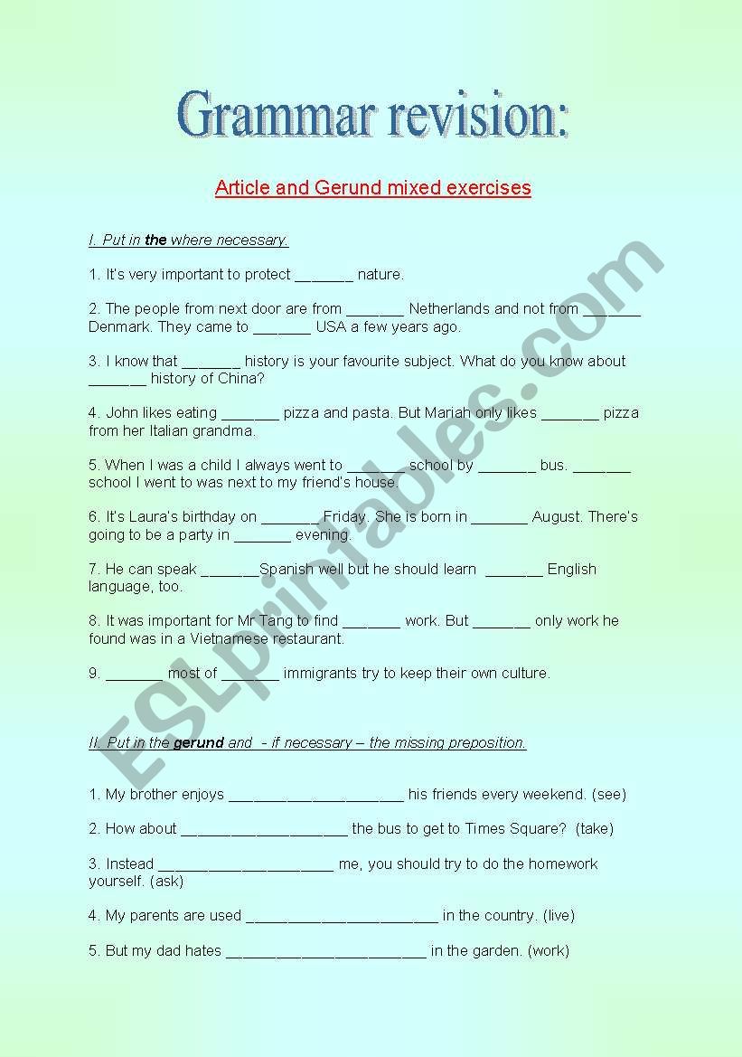 Gerund and Article worksheet