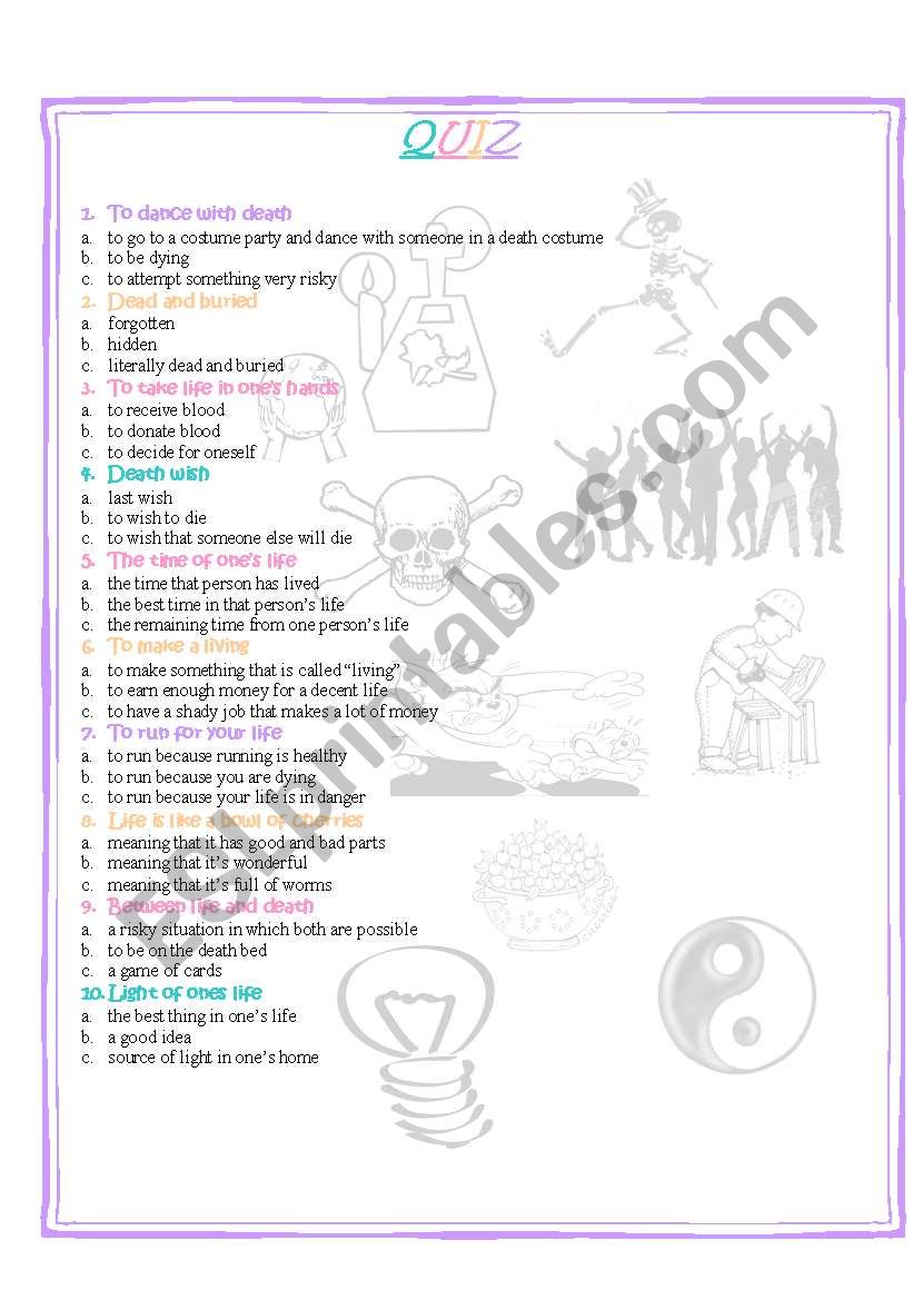 life idioms quiz worksheet