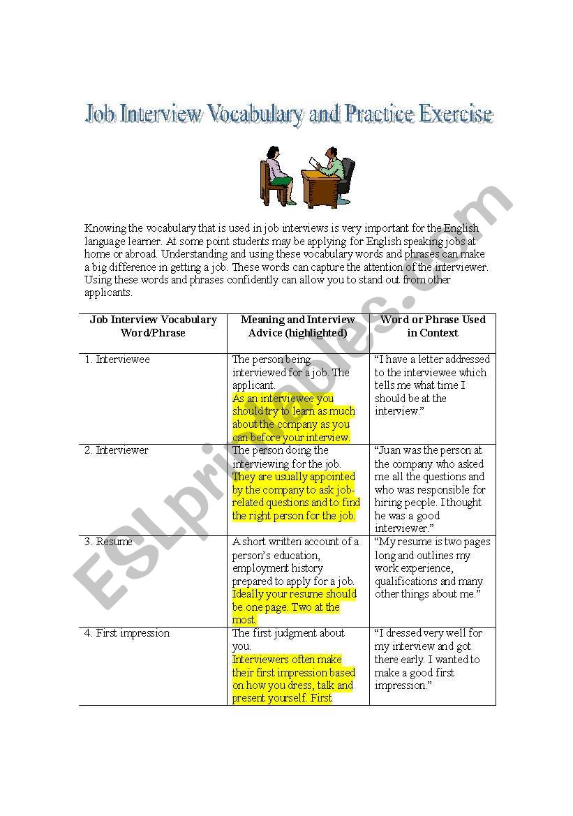 Important Job Interview Vocabulary, Interviewing Tips and Practice Exercise# 1 with Answer Key - High Intermediate or Advanced