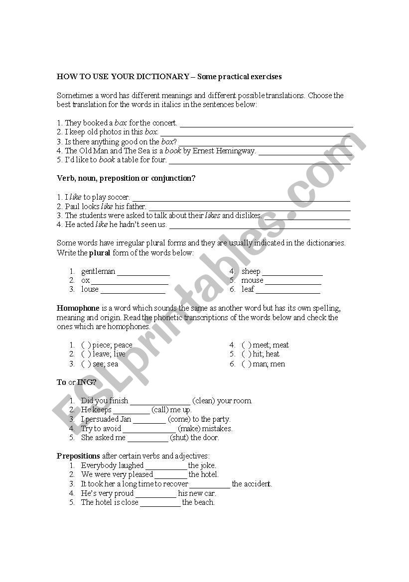 How to use your dictionary worksheet