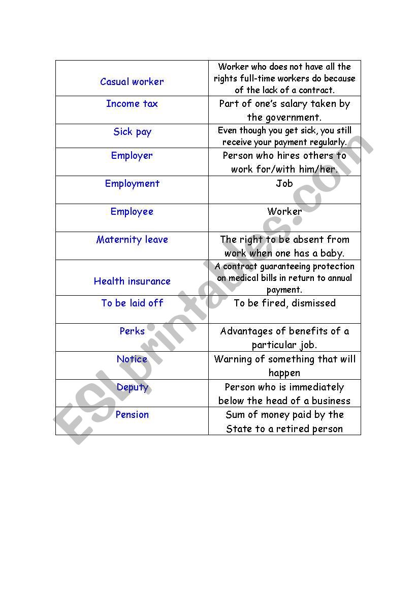 work-related vocab match worksheet