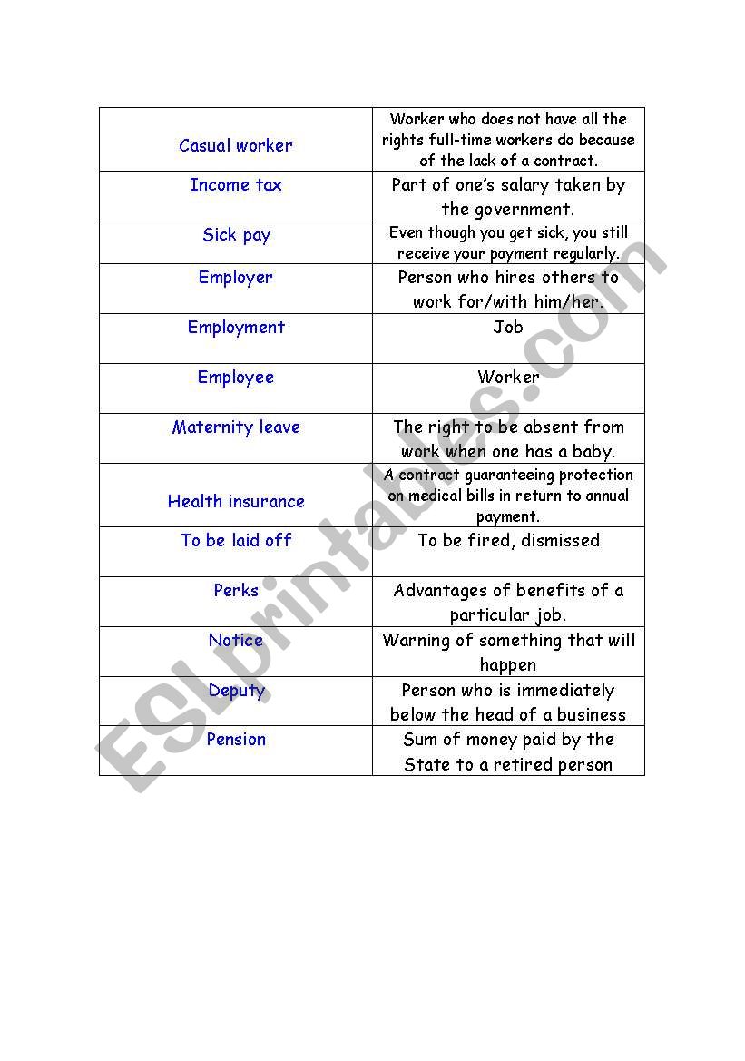 work-related vocab match worksheet