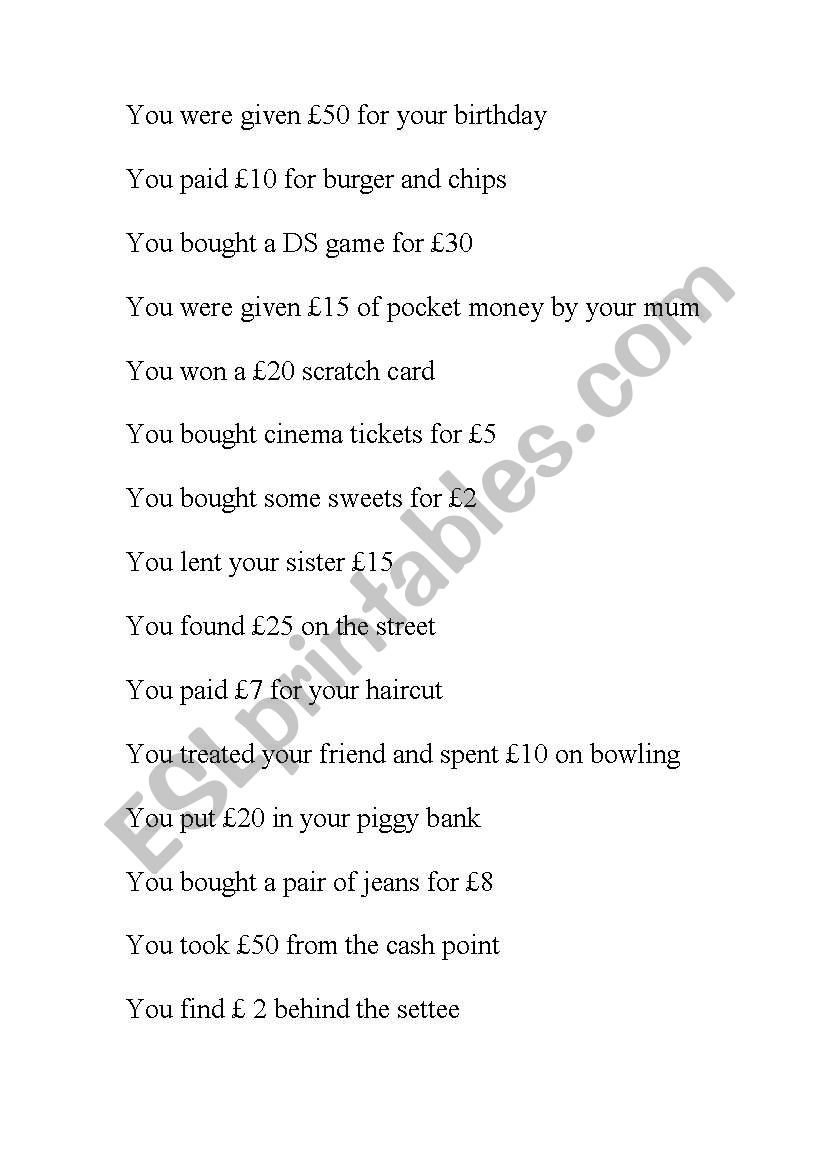 Money game worksheet