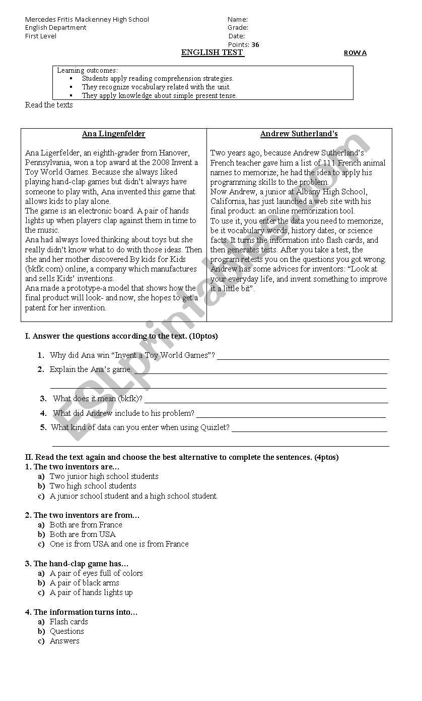 Kids Inventions worksheet