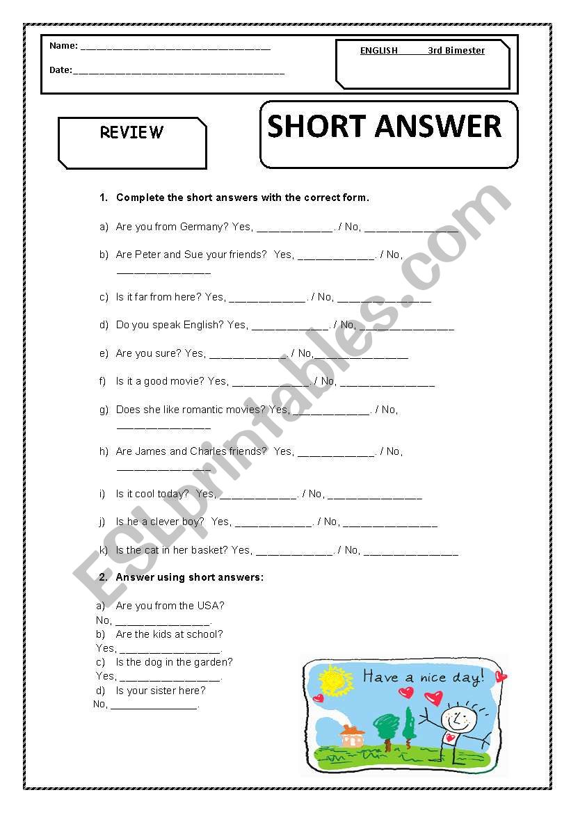 short anwers worksheet