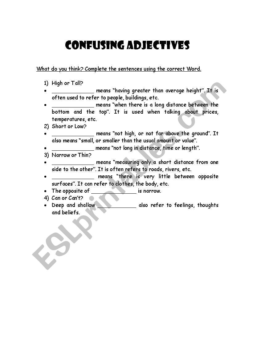 Confusing adjectives worksheet