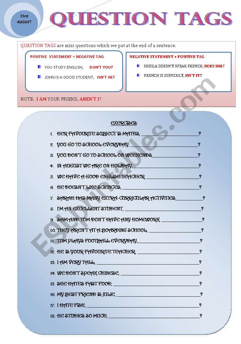 QUESTION TAGS worksheet