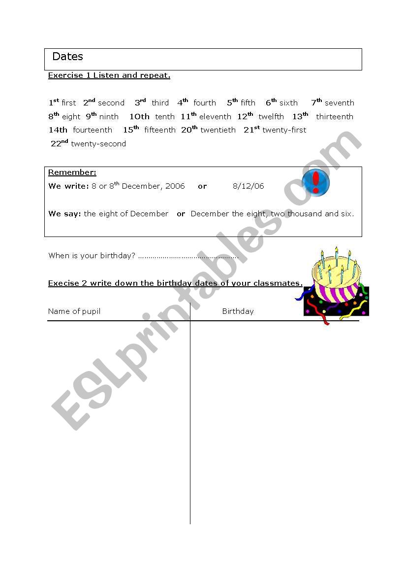 reading and writing dates worksheet