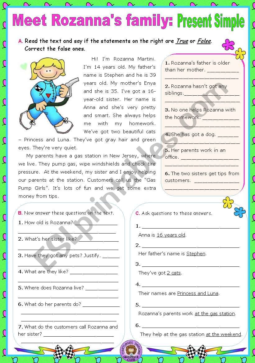 Meet Rozannas Family  (Simple Present)  -  Reading Comprehension