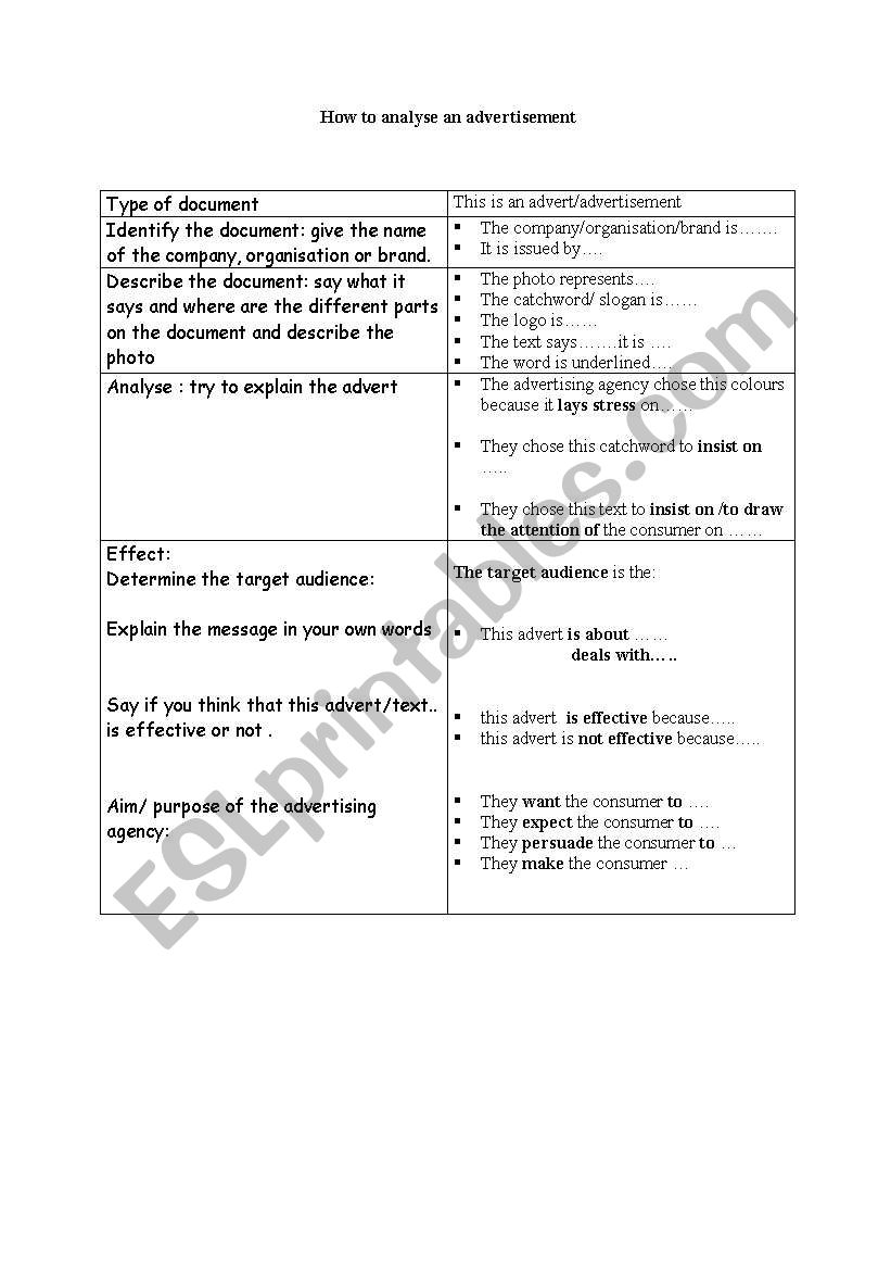 how to analyze an advert worksheet