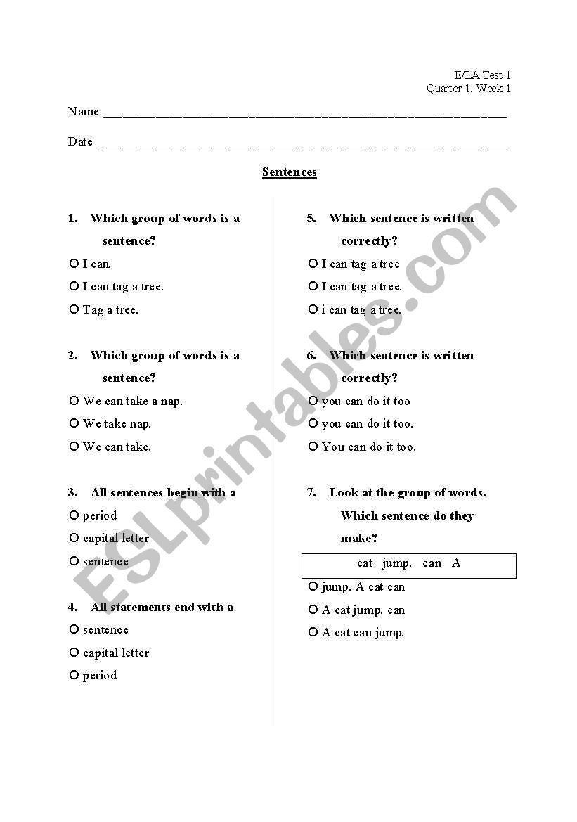Sentences Assessment worksheet