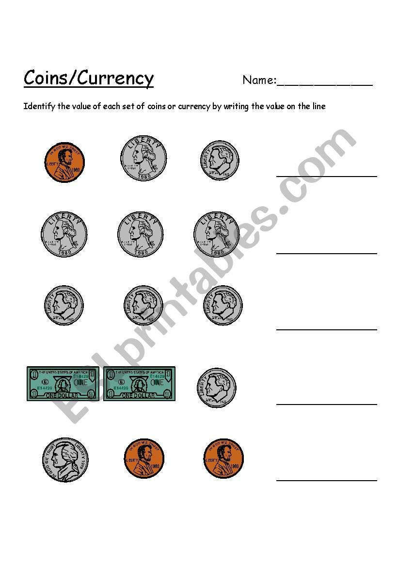 Coins/Currency worksheet