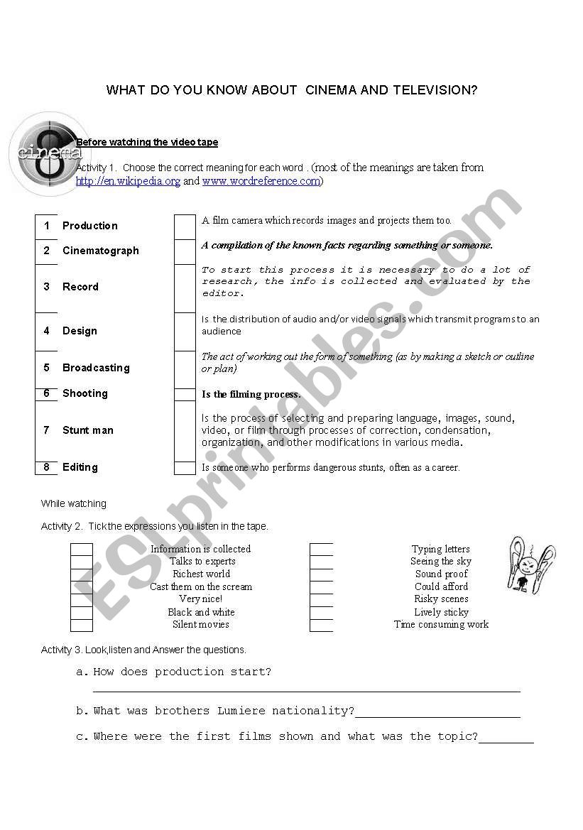 cinema and television worksheet