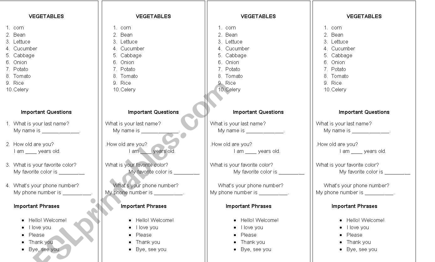 vegetables and important question to cut and paste in the notebook.