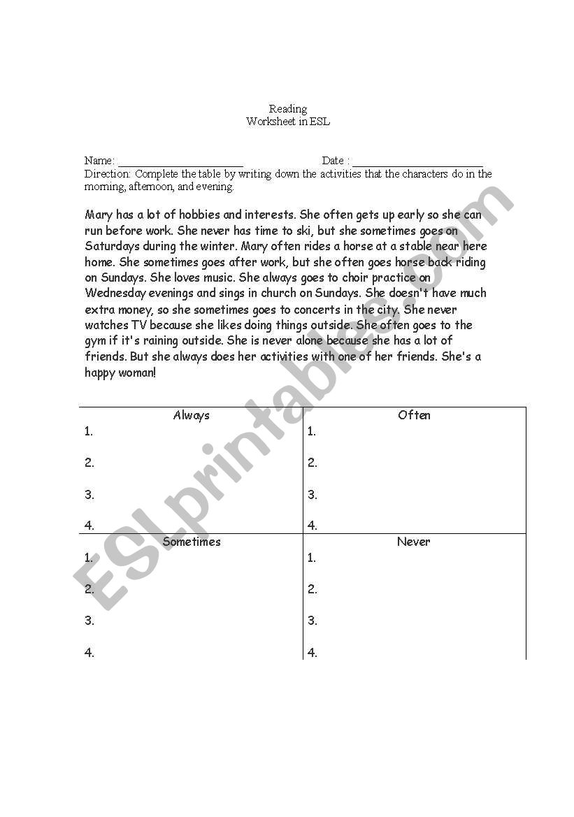 reading worksheet worksheet