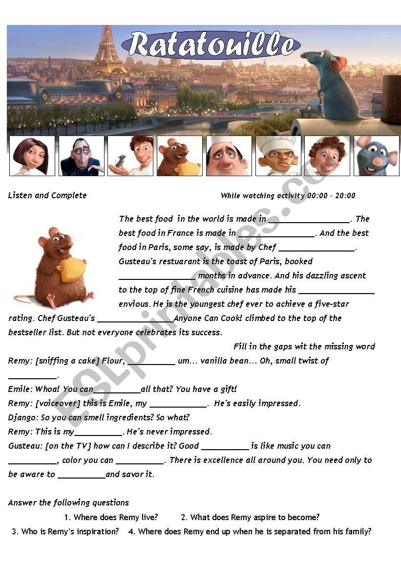 Ratatouille - Movie Worsheet 1/4 + Key ( 4 pages ) 00:00-30:00 